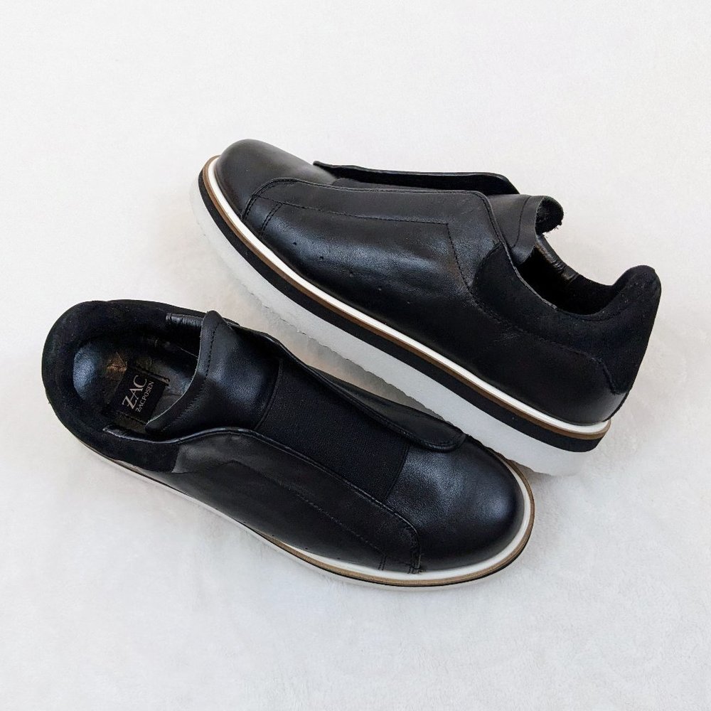 Zac Posen Black Slip-On Leather Sneakers with White Sole
